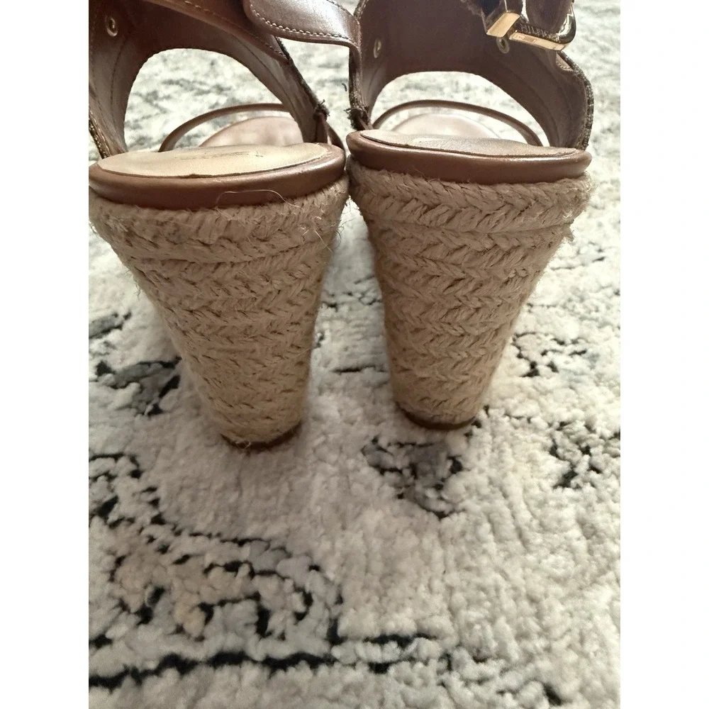 Tommy Hilfiger Espadrille Wedge Sandals 6.5 Brown Logo  Platform Ankle Strap